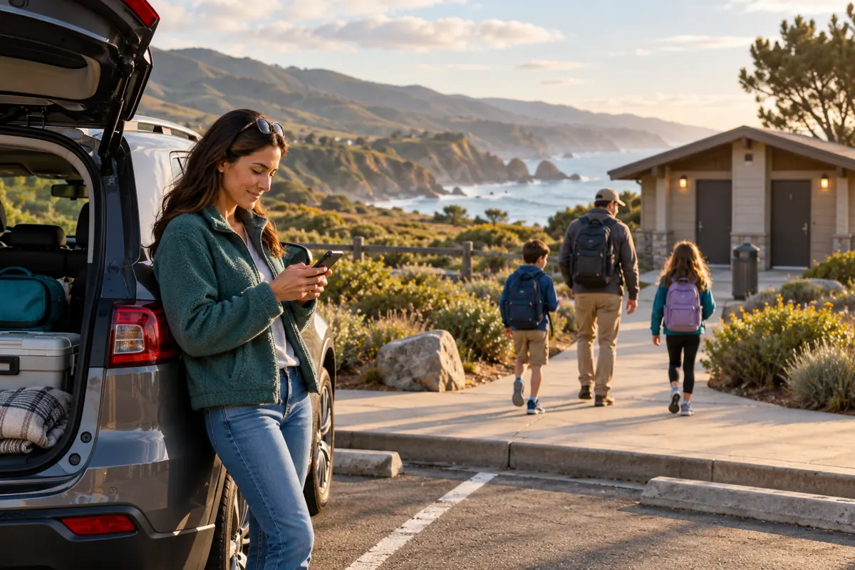 A parent checks her phone beside a parked car while her partner and two children walk toward a restroom at a coastal road-trip stop.